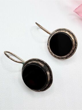 Black Stone Silver Drop Earrings HEAVY Patina Acid Tested 1 1/4” Length 5.59 G